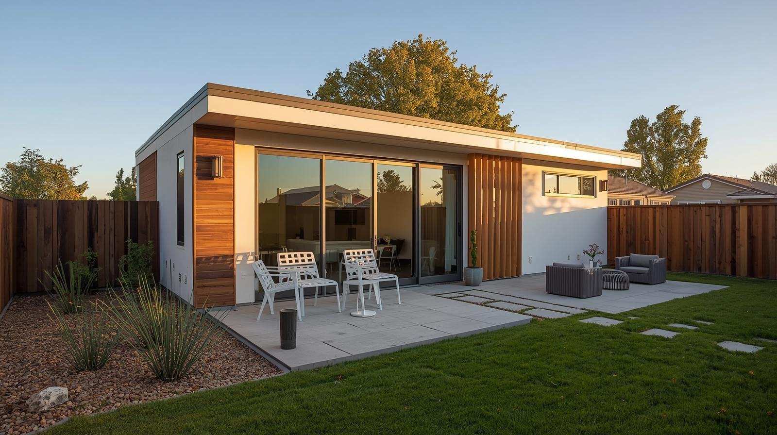 Blogs 3 A modern backyard featuring a well-maintained lawn and a stylish patio, showcasing outdoor living space design.