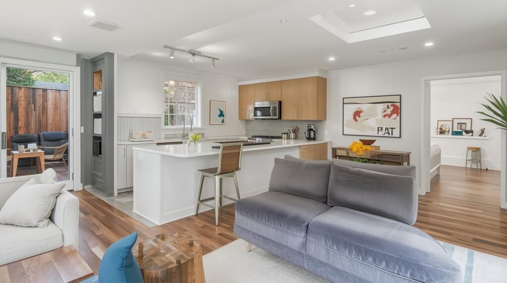 How to Find the Best ADU Contractors in Tracy, CA 2 A clean, modern living room featuring a kitchen and dining area, showcasing the work of Best ADU Contractors.