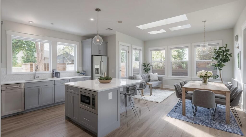 A modern kitchen featuring a table and chairs, designed for an accessory dwelling unit (ADU) construction project.