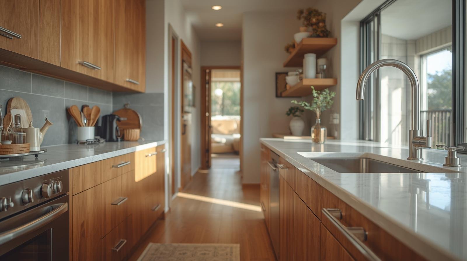 Blogs 5 A kitchen featuring wooden cabinets and a sink, designed for ADU construction.
