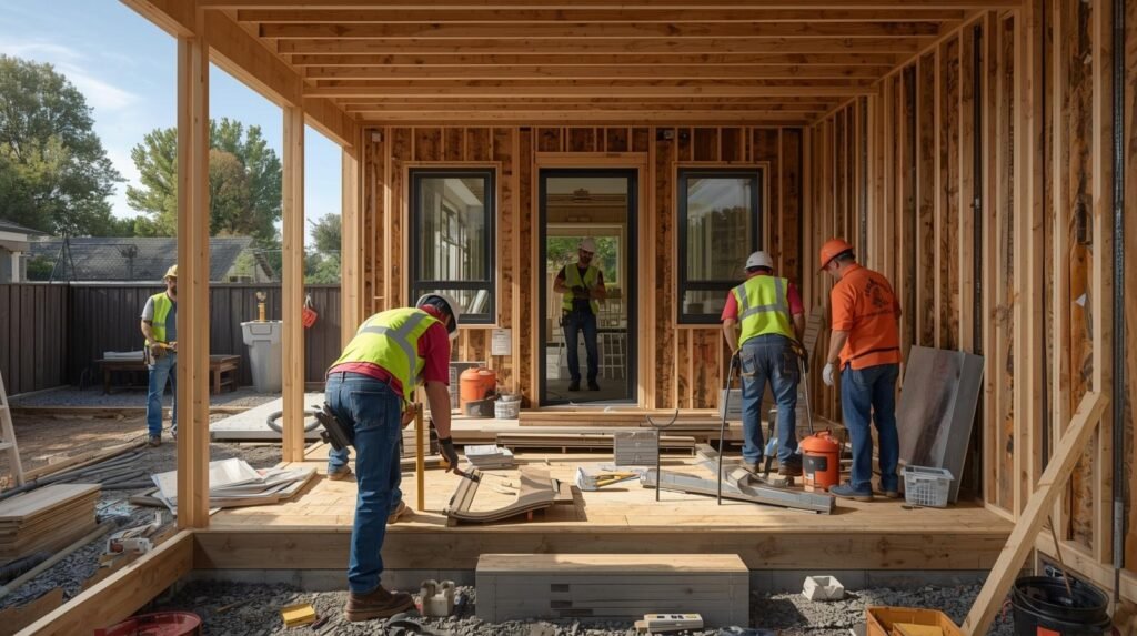Construction workers building an accessory dwelling unit (ADU) in a backyard, surrounded by tools and materials.