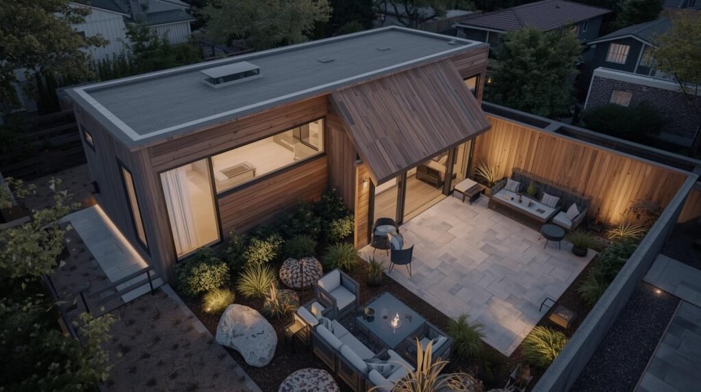 A modern house featuring a patio and deck, showcasing contemporary ADU construction design.