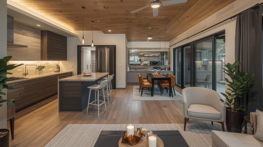 How Long Does It Takes to Build an ADU? 3 Modern kitchen and living room with wood floors, showcasing ADU construction design and open layout.