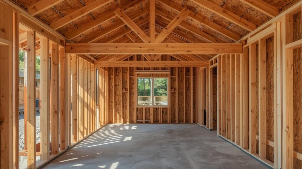 How Long Does It Takes to Build an ADU? 2 A room featuring wood framing and windows, showcasing the progress of ADU construction