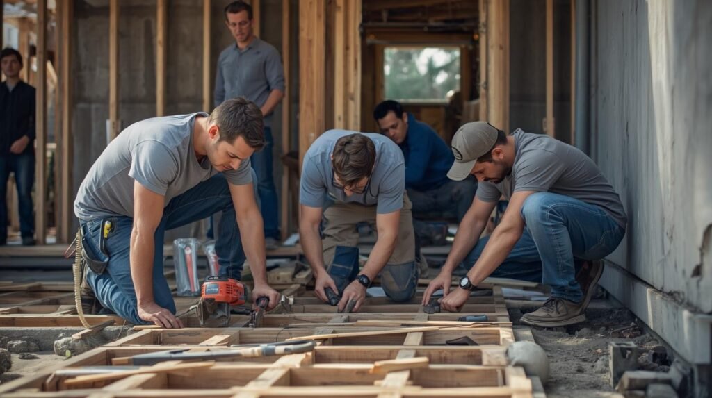 How to Find the Best ADU Contractors in Tracy, CA 1 Four men installing a wooden floor in a house, representing the work of Best ADU Contractors.