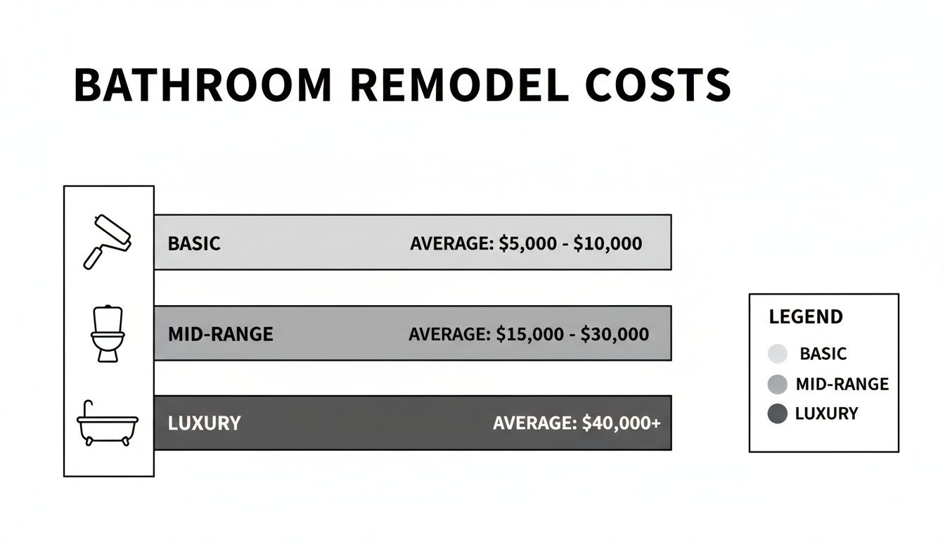 Infographic detailing average bathroom remodel costs for basic, mid-range, and luxury projects.