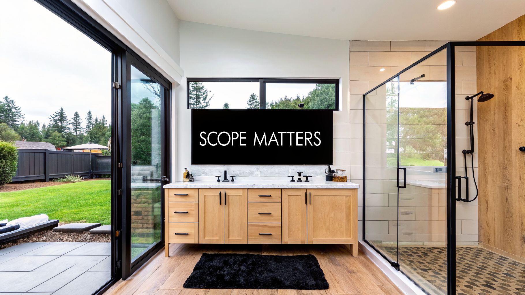 Spacious modern bathroom featuring a double vanity, glass shower, and large sliding doors to a lush backyard.
