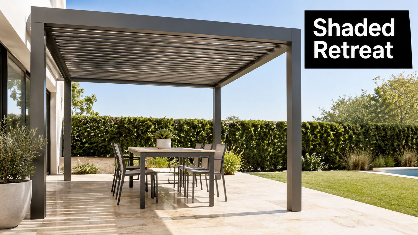 A modern outdoor pergola providing shade over a dining table set on a travertine stone patio area.