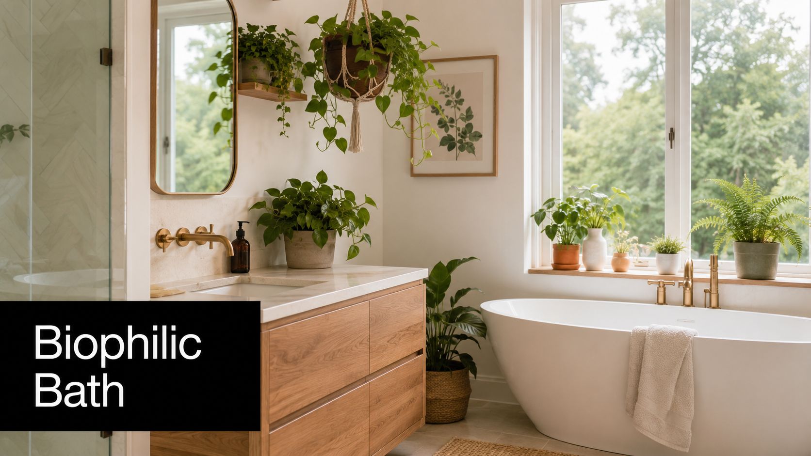 A modern, sunlit bathroom featuring lush indoor plants, a wooden vanity, and a freestanding soaking bathtub.