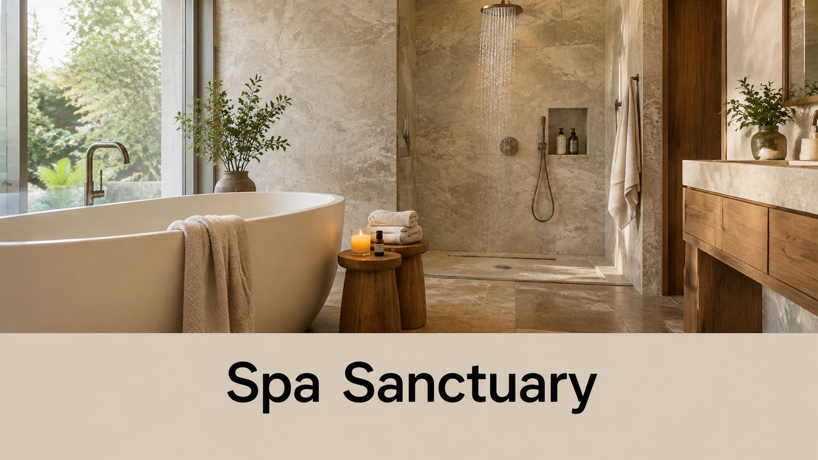 A luxurious modern bathroom featuring a freestanding white bathtub, a walk-in rain shower, and natural wooden furniture.