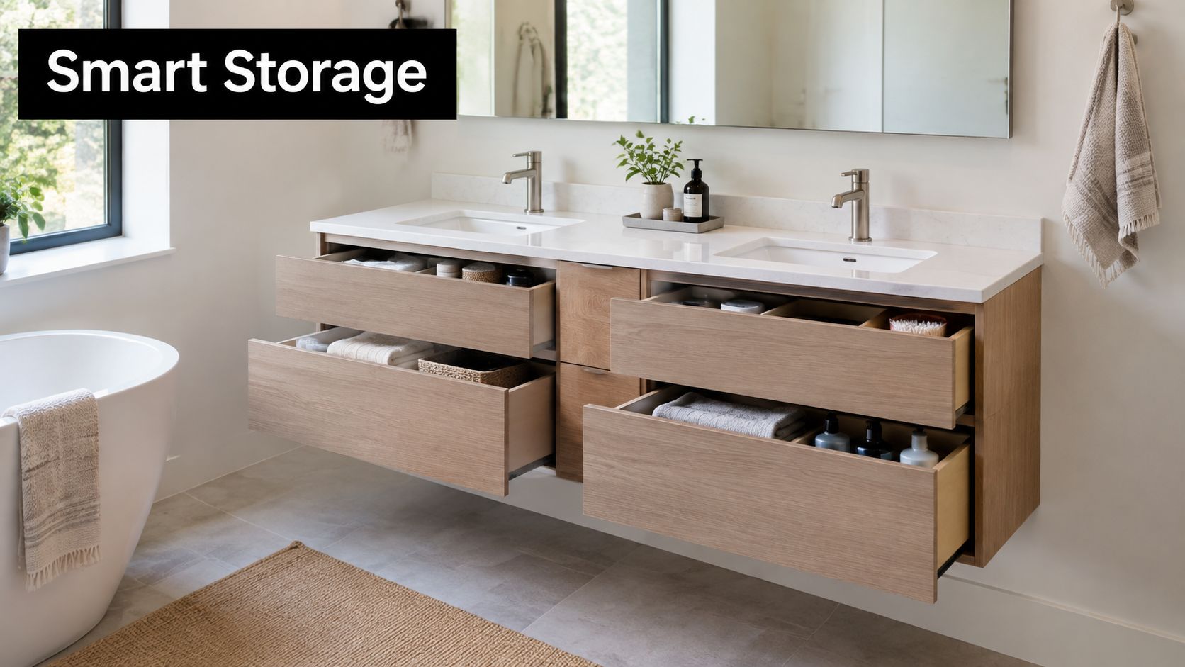 A modern floating bathroom vanity with open drawers showcasing organized bathroom essentials and smart storage solutions.