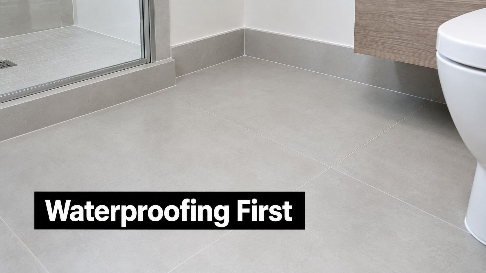 A modern bathroom floor featuring grey square tiles and a shower stall with a floating vanity.