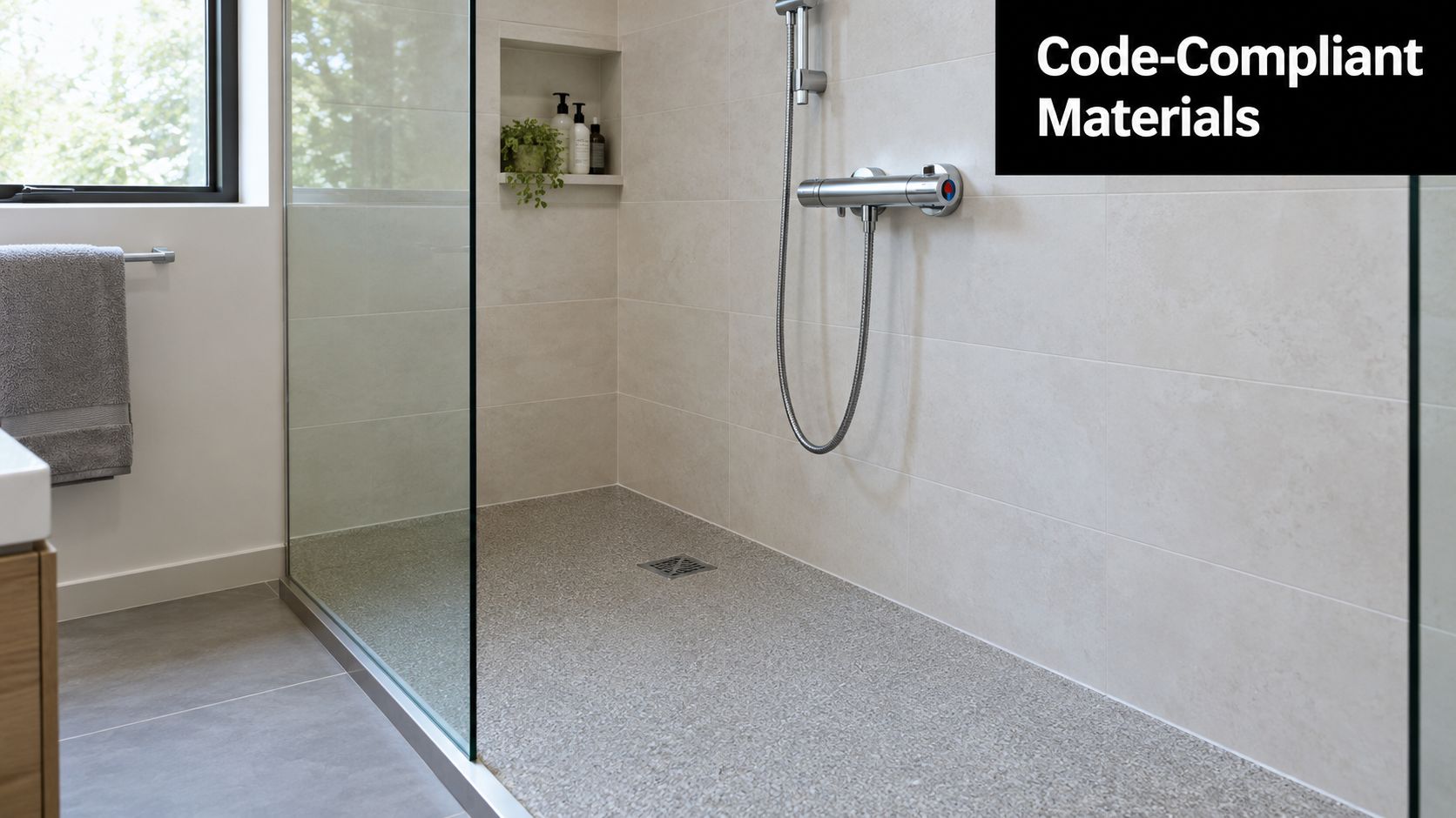 A modern walk-in shower designed for accessibility with a low-profile floor, safety features, and clean tile finishes.