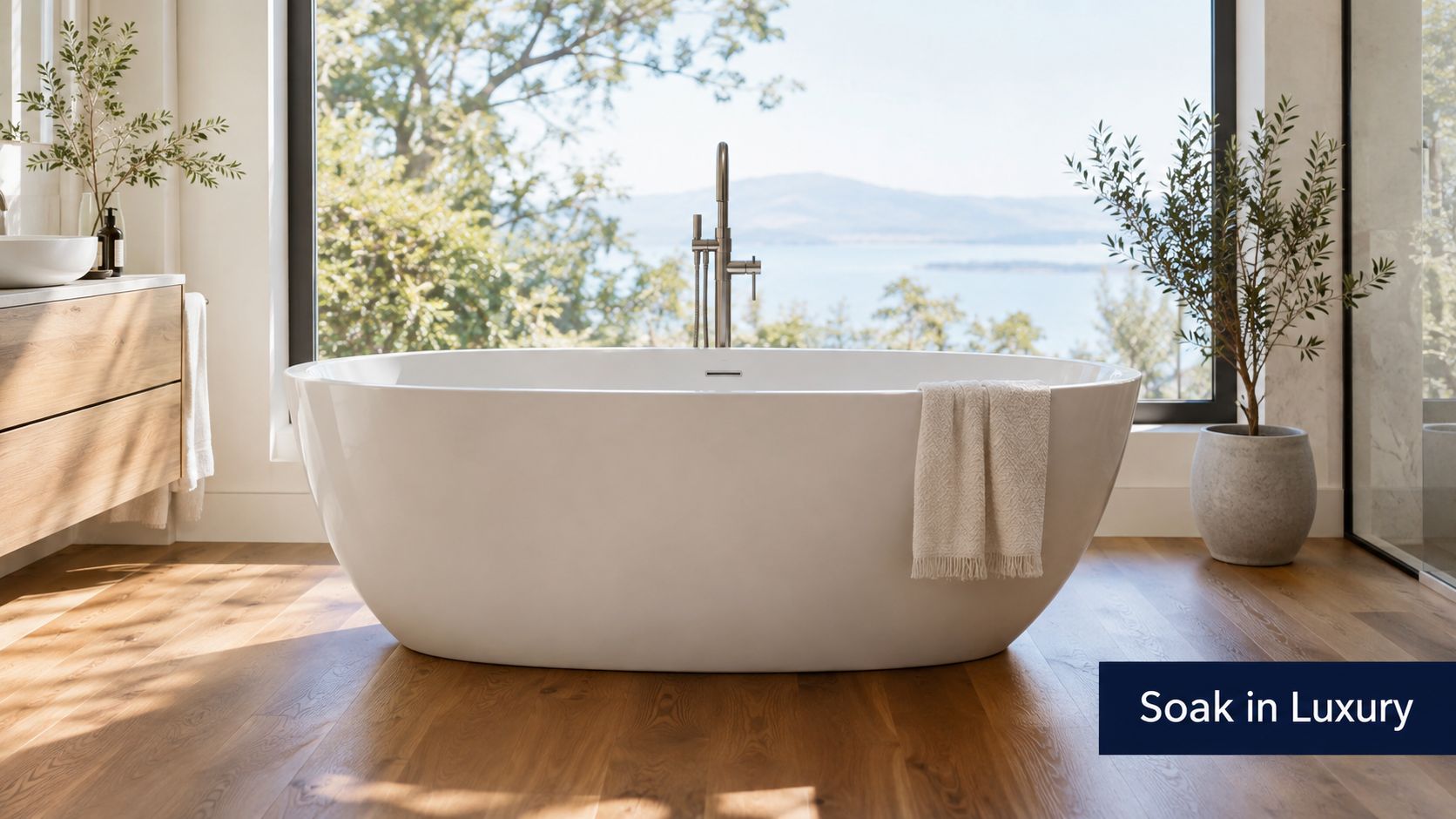 A luxurious modern freestanding bathtub placed in a sunlit bathroom with a beautiful lake view outside.
