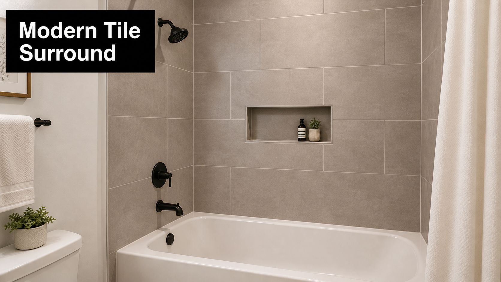 A modern bathroom with a white bathtub and grey rectangular tile shower wall featuring a built-in niche.