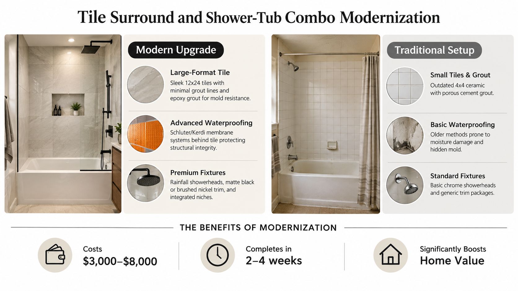 A comparison infographic showing a modern tub and shower renovation versus a traditional outdated bathroom setup.