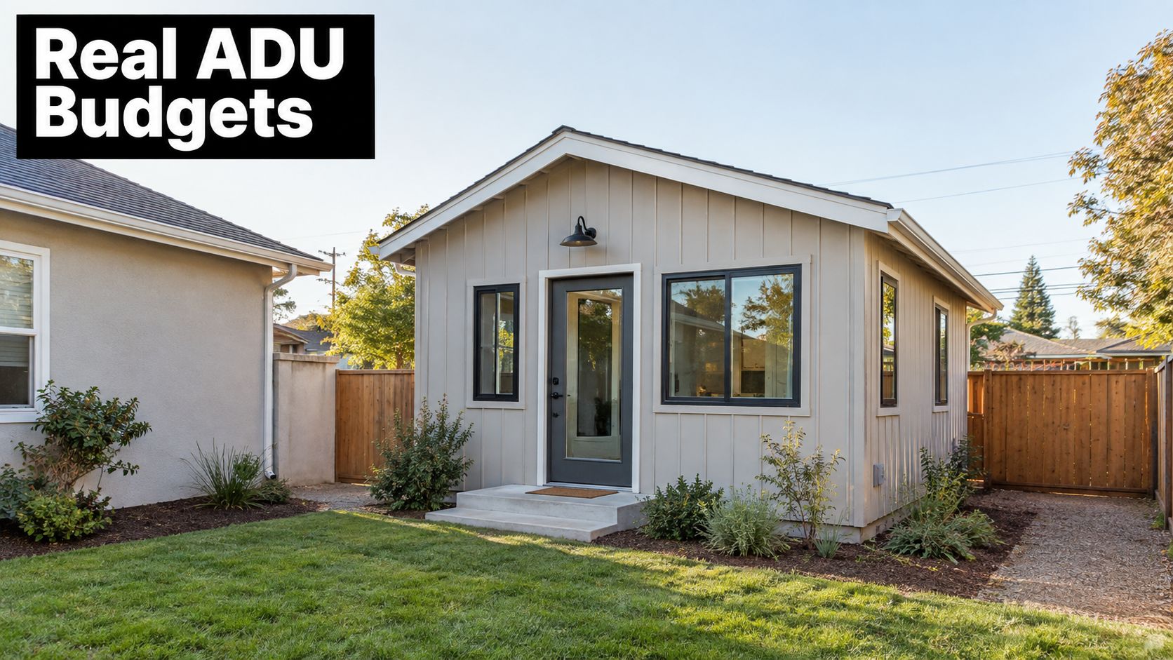 A modern, light-colored detached backyard ADU featuring large windows, a gray door, and professional landscaping.