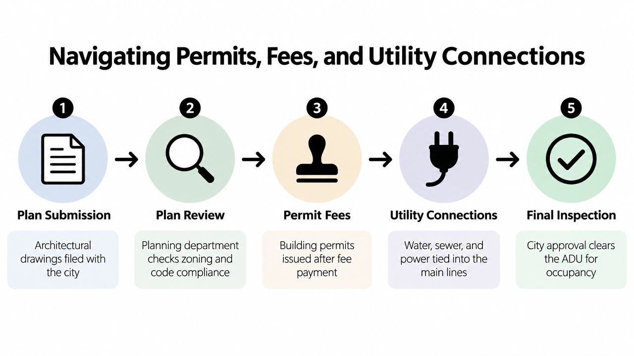 A step-by-step diagram showing the five stages of navigating permits, fees, and utility connections for ADU construction.