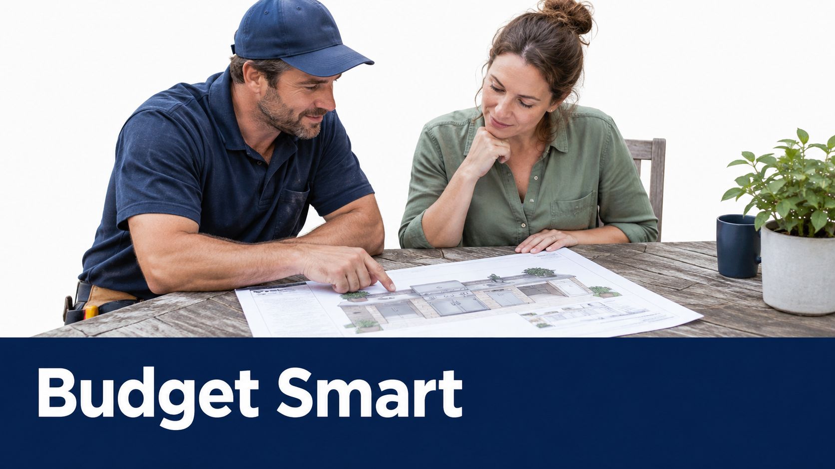 A contractor and a woman discussing outdoor kitchen architectural plans while seated at a wooden table.