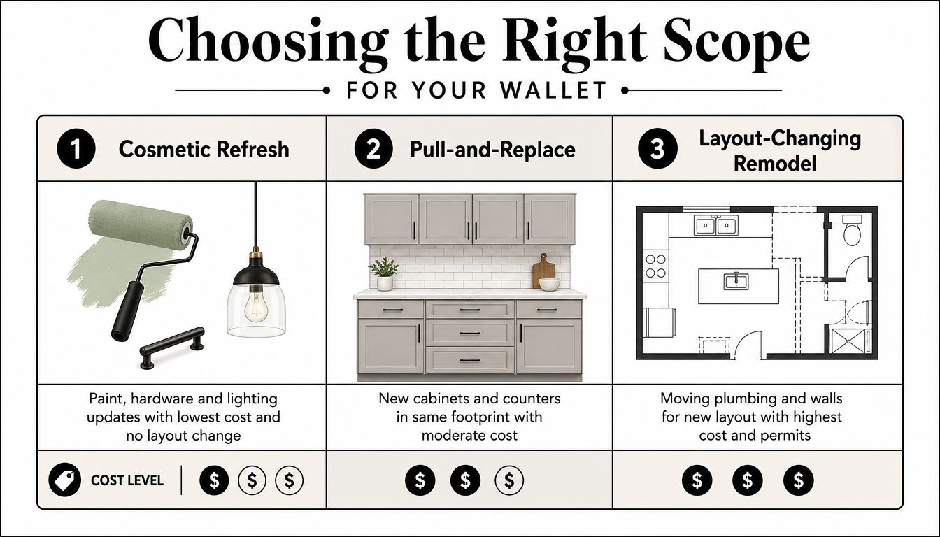A graphic illustration comparing three levels of kitchen remodeling scopes based on cost and project complexity.