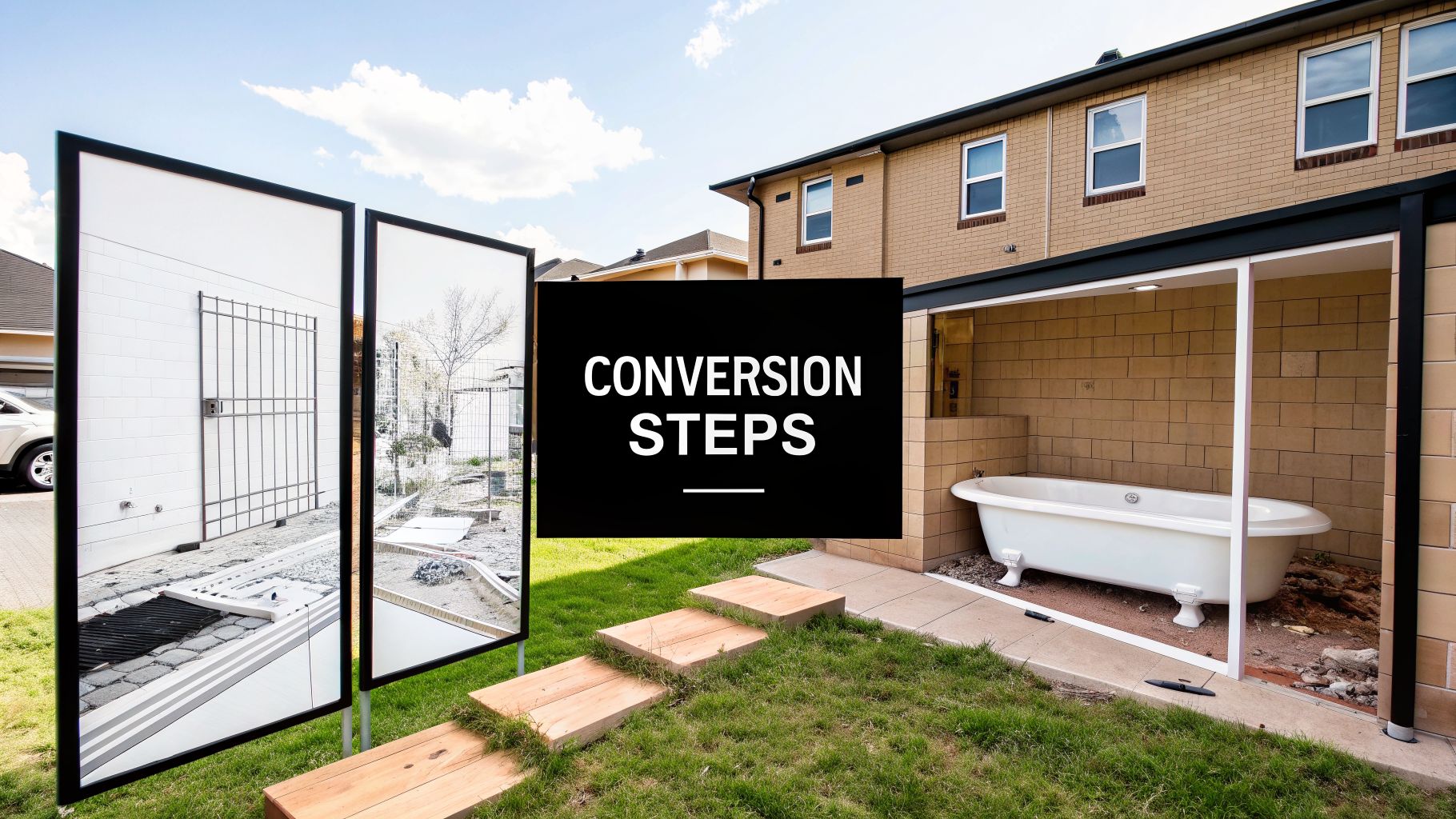 An outdoor image featuring a house, backyard, a clawfoot bathtub, and 'CONVERSION STEPS' text.