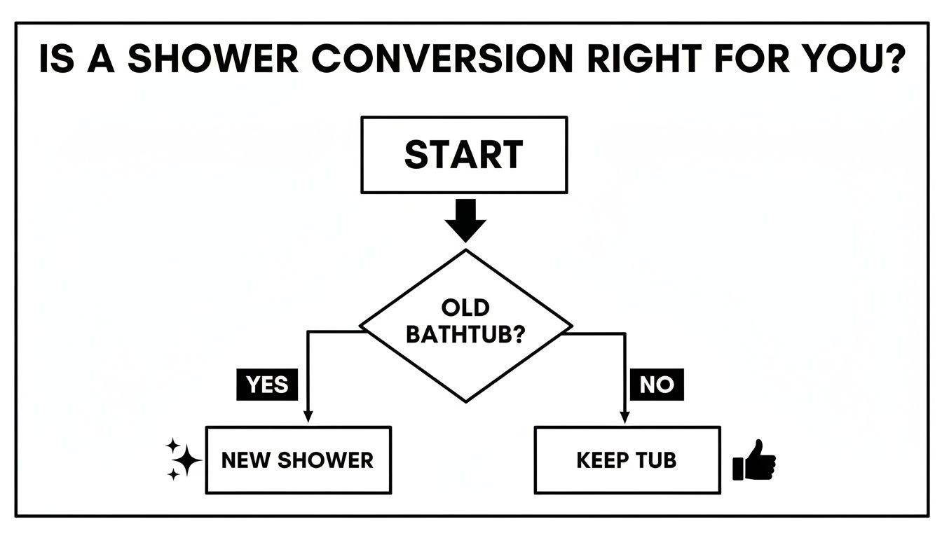 A flowchart on shower conversion asks if a bathtub is old, leading to a new shower or keeping the tub.