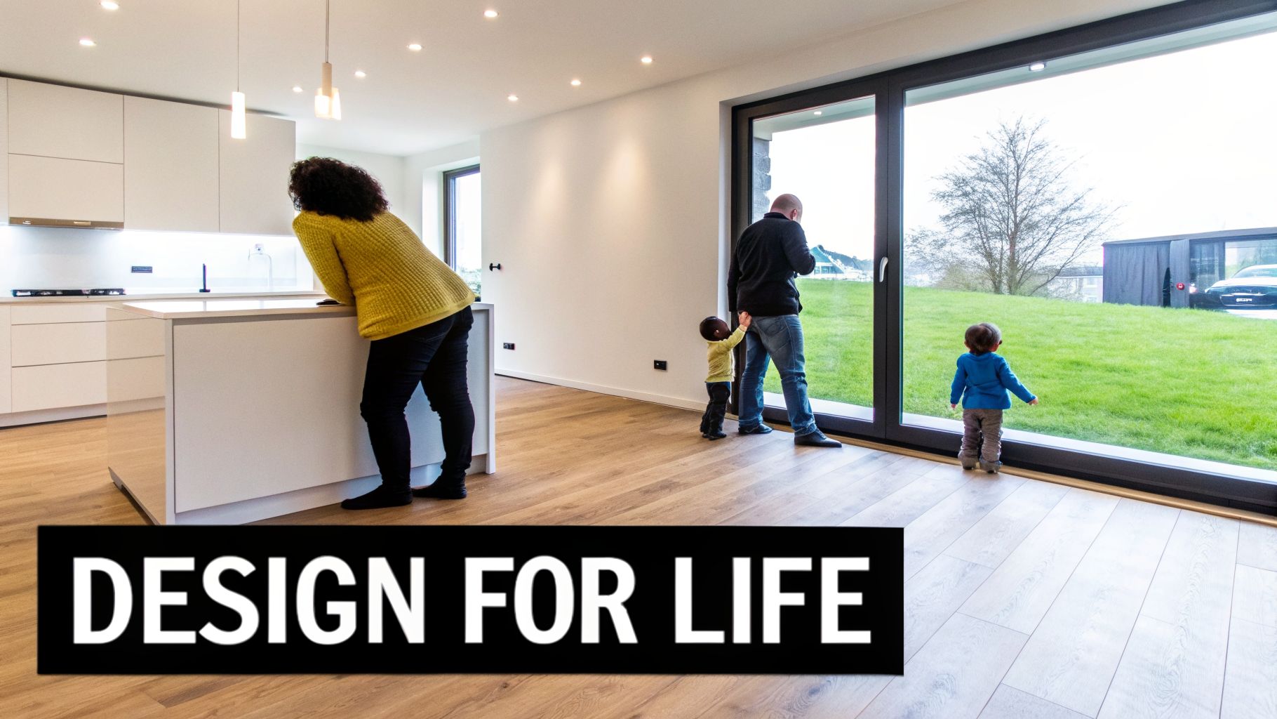 A family enjoys their modern home with a bright kitchen and large windows overlooking a green yard.