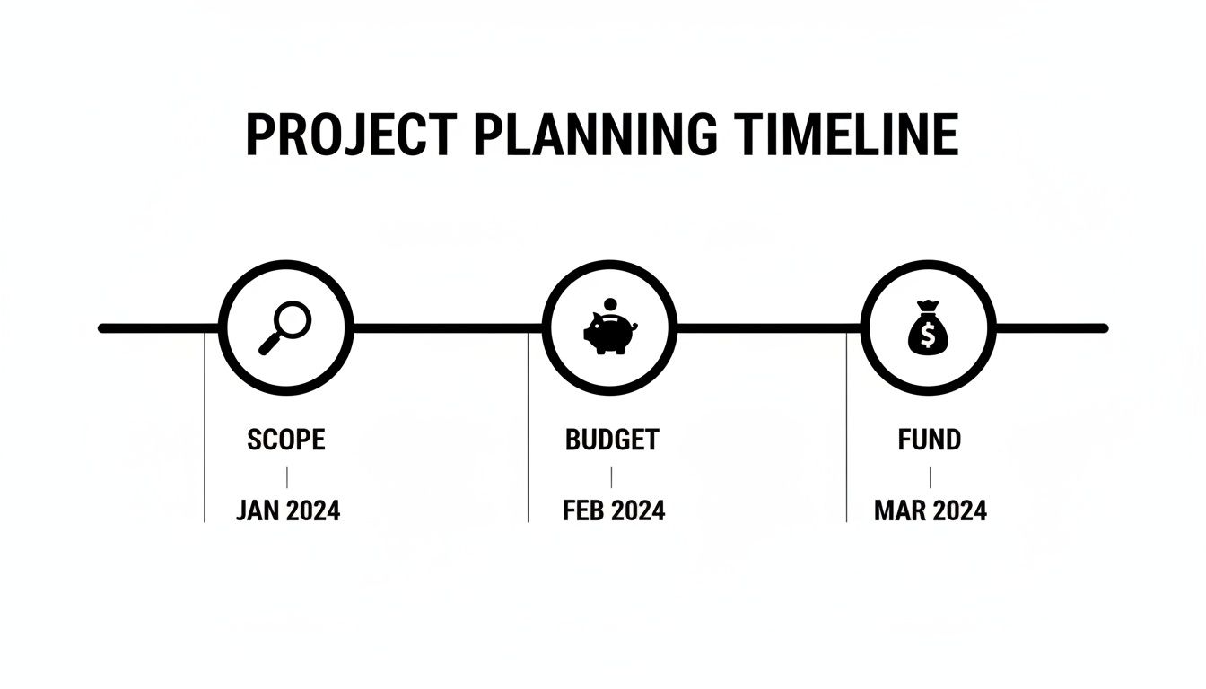 A project planning timeline diagram illustrating scope, budget, and fund stages with monthly dates for 2024.