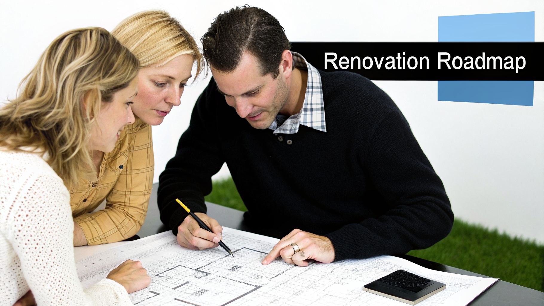 Three people, two women and a man, reviewing blueprints for a home renovation project.